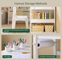 Table et chaises artisanales pour enfants avec rouleau en papier, tasses à peinture et étagères de rangement 2 en 1, bureau d'art en bois pour dessiner, peindre et écrire
