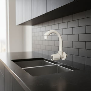 Grifo de lavabo PTMT con cuello curvo para cocina y baño, grifo montado en la pared de plástico blanco con diseño moderno - Product Image 2