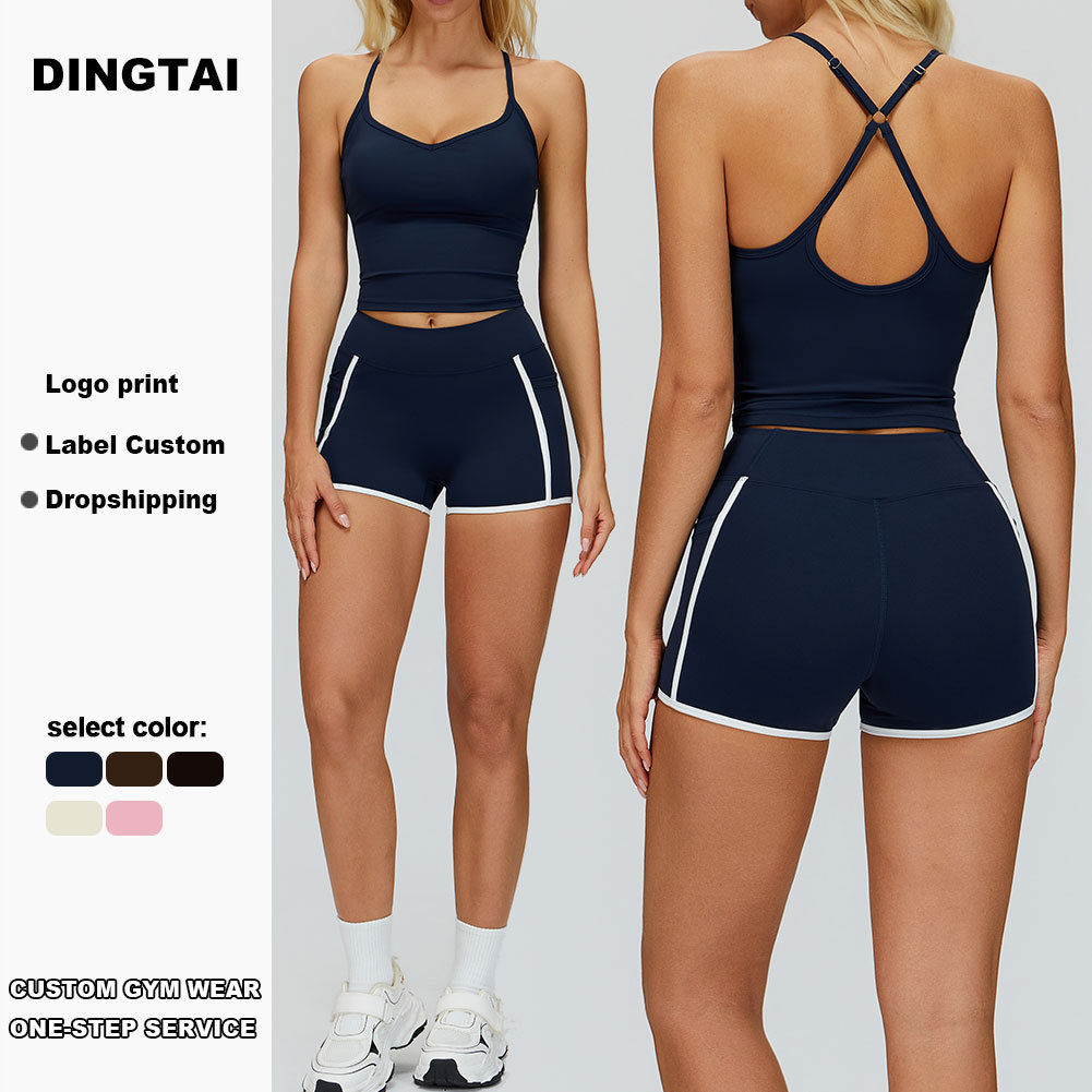 Cross-Border Naked Sensation Solid Breathable Eco-Friendly Spandex/Nylon 7-Piece Sportswear Set Lace-Up Yoga Outfit Front Logo