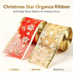 Cinta de Tul de Seda 100% con Estampado de Estrellas Navideñas, Doble Capa, 5cm de Ancho, Borde Dorado, 2 Colores, Cinta con Estampado de Estrellas Termoestampada - Product Image 1