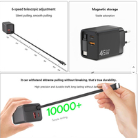 Cargador de Pared USB Tipo C Retráctil con Cable QC PD Plegable, Adaptadores para Laptop y Teléfono, 45W 65W, Carga Rápida, Enchufe EU/US