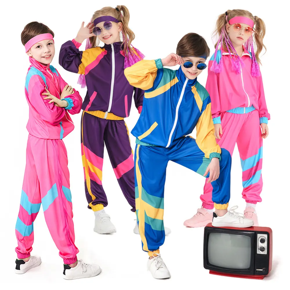 Kinder Unisex Trainings anzug Anzug Retro 70er 80er Jahre Disco Hippie Kostüm Halloween Cosplay Karneval Party für Jungen Mädchen Kleidung