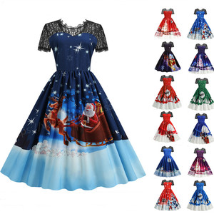 Abito da donna a maniche corte in pizzo con fiocco di neve stampa a vita alta elegante 1950s Vintage inverno <span class=keywords><strong>vestiti</strong></span> da festa di natale - Product Image 1