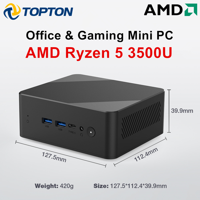 Topton Office Mini PC AMD Ry-zen 5 3500U 4C 8T Desktop M.2 SATA 2*HD2.0 Type-C 4*USB 2*DDR4 Win11 NUC Mini Gaming Computer WiFi