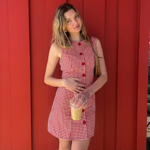 Women's Plaid Sleeveless Mini Dress Crew Neck Tie Waist Ruffle Hem Woven Casual Office Commute Summer Dress - Product Image 5