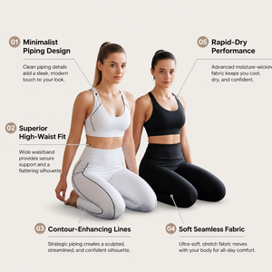 Ensembles de yoga sans couture blancs et noirs de qualité supérieure pour femmes avec détails de passepoil contrastant, soutien-gorge de sport à col en V et leggings sculptants taille haute - Product Image 4