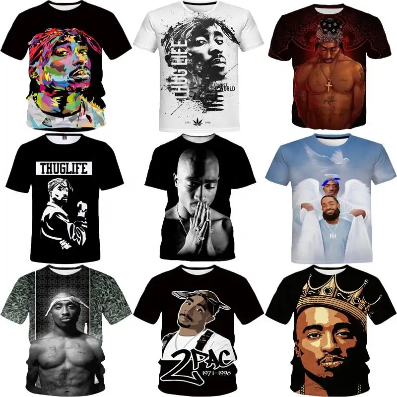 Camiseta de manga corta para hombre, prenda de vestir con estampado 2Pac de talla grande