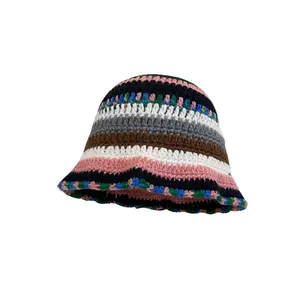 Custom colorful ladies hand made crochet fisherman cap hat chunky checkered knitted crochet bucket hat
