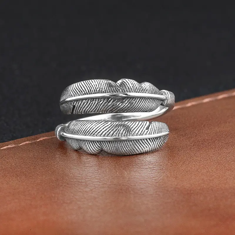 925 feather design couple wedding custom resizable men Antique Silver fashion jewelry Ring