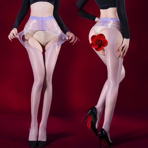 Sexy Four-Sided Hollow Thigh High Stockings Women Ultra-Thin Transparent Glossy Black Crotchless Suspender Stockings - Product Image 3