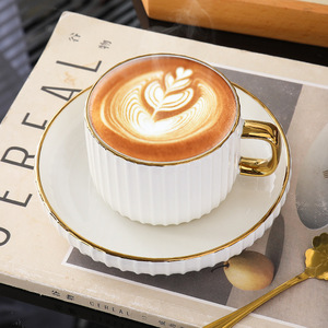 Modern 250ml Gold Handle Ceramic Tea <b>Cup</b> and <b>Saucer</b> Set White Striped Coffee <b>Cup</b> Set of 6 - Product Image 2