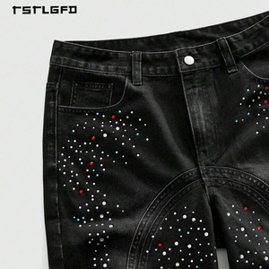 <span class=keywords><strong>Shorts</strong></span> di Jeans da <span class=keywords><strong>Uomo</strong></span> Personalizzati all'Ingrosso Taglio e Cucito Orlo a Taglio Vivo Effetto Invecchiato con Applicazioni Ricami Toppe Lavaggio Acido Jorts in <span class=keywords><strong>Denim</strong></span> - Product Image 3