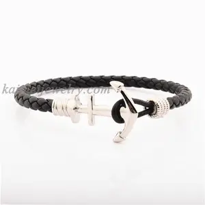 New Arrive Factory Customize Personality Name Handmade Braided Vintage Leather Bracelet With Steel Anchor