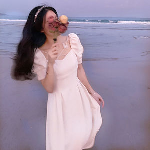French Style Square Neck White Dress Women 2025 Summer Puff Sleeve Mid Length Elegant Beachwear - Product Image 3