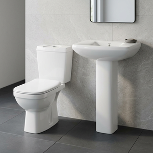 Ensemble de salle de bain en céramique pour le marché africain, comprenant WC deux pièces avec réservoir à double chasse et lavabo sur colonne - Product Image 2