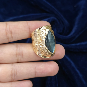 Anillo de cóctel de labradorita natural, latón chapado en oro de 18k, piedra marquesa, anillo de diseñador, estilo bohemio, talla ajustable 6 US - Product Image 4