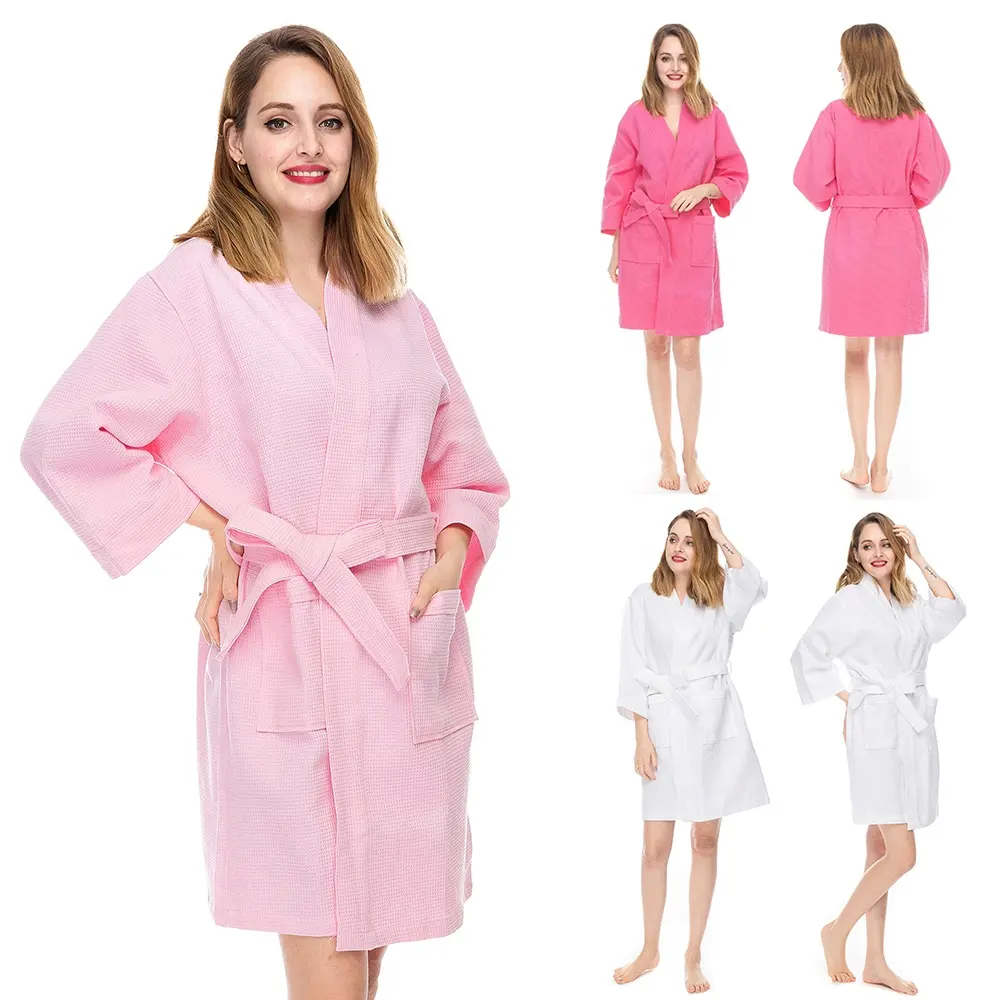 OEM jubah wanita wafel 100% katun kualitas tinggi untuk Spa Hotel wafel jubah mandi pakaian tidur wanita