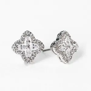 Dainty flower 925 sterling silver earrings for women diamond stud 18k white gold flower shape earring