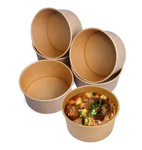 定制批发一次性可加热食品包装盒圆形牛皮纸沙拉盘碗