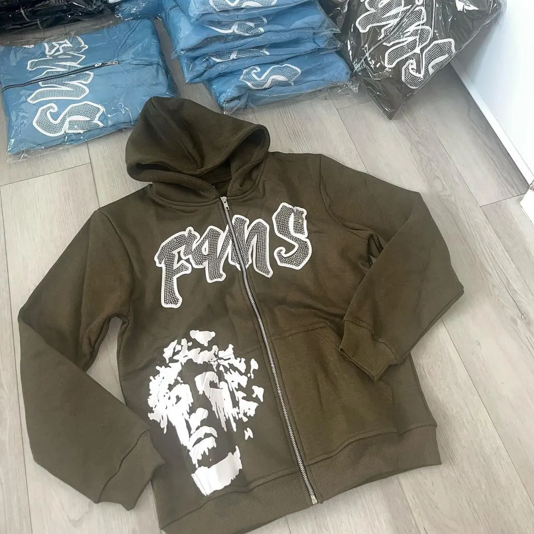 Hoodie ritsleting cetak puff berlian imitasi kustom OEM hoodie payet kelas berat hoodie pullover ukuran besar bertatahkan berlian imitasi Pria Wanita