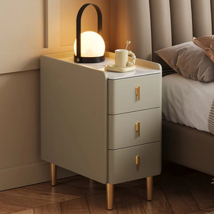 Meja Nakas Kayu Solid Ultra Tipis Minimalis Modern untuk Rumah Kecil, Kamar Tidur, dengan Tiga Laci dan Alas Batu - Product Image 1