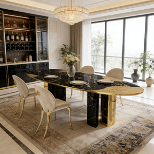 Mesa de Comedor de Lujo de Alta Gama con Tablero de Diseño Patchwork y <span class=keywords><strong>Base</strong></span> con Detalles en Dorado <span class=keywords><strong>para</strong></span> Villas y Hoteles - Product Image 4