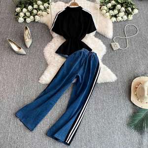 Summer Casual Sport One Set for <b>Women</b> Eco-Friendly Anti-Wrinkle Breathable Slim Sweat Suits Color Blocking V-neck Full-Length - Product Image 4