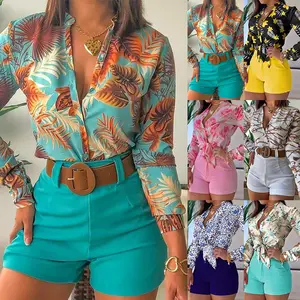 Nanchang outano ins camisa de chiffon, conjunto feminino, camisa de chiffon estampada com gola suporte