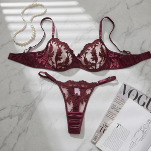 Wholesale Women's Floral Embroidery Sheer Mesh Underwire Bra and Thong <b>Set</b> 2 Piece Lace Lingerie <b>Set</b> Breathable <b>Sexy</b> Intimates - Product Image 5