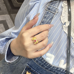 प्राचीन शैली ब्रश धनुष दिल की अंगूठी लाइट लक्जरी बहुमुखी प्यारा हीरा मटर दिल उच्च मूल्य डिजाइन फैशन फिंगर रिंग - Product Image 3