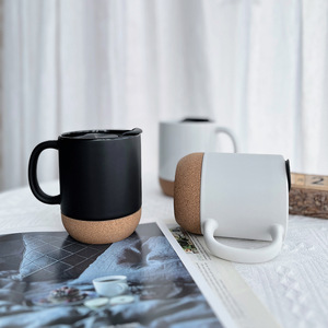 Cork Bottom <b>Ceramic</b> Mug With Lid Solid Color Black White Office <b>Cup</b> Gift Nordic Style - Product Image 4