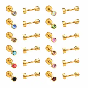 Low MOQ Factory Price Jewelry Stainless Steel 18K Gold Round Cylindrical Drill Plug Zircon Srcew earrings