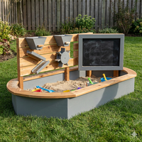 Siège de sable en bois en forme de bateau au design moderne avec volant pour aire de jeux extérieure, en bois massif avec couvercle de sécurité, mobilier pour enfants