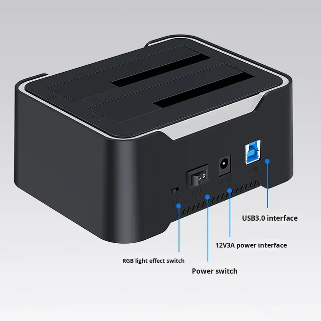 USB 3.0 SATA Dual Bay RGB Lamp Effect Plastic Hard Drive Enclosure Offline Clone HDD SSD Hard Disk Docking Station 2.5/3.5 Inch