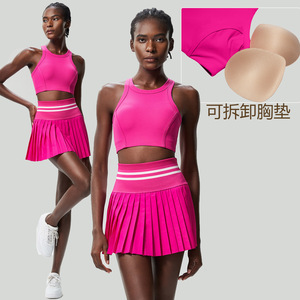Logo personnalisé Ensemble de tennis et d'entraînement en plein air pour femmes pour l'été Vêtements de sport de fitness Haut sans manches avec jupe Ensemble de yoga et jupe de tennis 2 pièces - Product Image 2