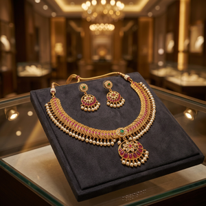 Premium Matt Gold Temple <b>Necklace</b> Set with <b>Ruby</b> Stones Pearl Drops Traditional Bridal Party Wear Jewellery for Women Set - Product Image 3