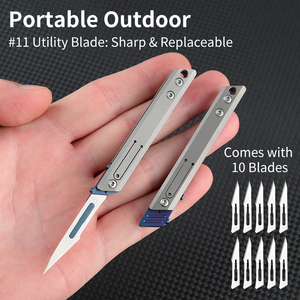 チタン合金ハンドル折りたたみ式EDC開封用ユーティリティ収納式ボックスカッター/スケルプ/ポケットナイフ（10個入り） # 交換可能なブレード11個 - Product Image 1