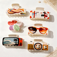 Pinces à cheveux en acrylique imprimées pour les vacances à la plage, thème vacances, pinces requin, design caméra Plumeria, accessoires décoratifs pour cheveux femme