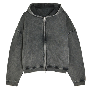 Campione gratuito <span class=keywords><strong>Zip</strong></span> up Top di alta qualità Pullover 100 cotone lavato acido felpe logo privato nero <span class=keywords><strong>con</strong></span> cappuccio - Product Image 4