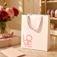 Sac en papier blanc personnalisé avec poignées en ruban rose et face imprimée pour emballage cadeau de détail, acheteurs en gros