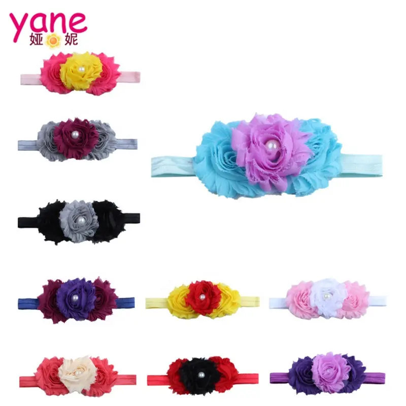 Newest nylon headband with three fabric flower and pearl decoration for baby and customize the color