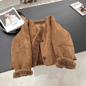 Giacca da <span class=keywords><strong>Donna</strong></span> Marrone in Pelle Scamosciata con Fodera Spessa in Lana d'Agnello Autunno Inverno Casual Monopetto Corta in Stile Coreano - Product Image 2