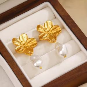 Exquisite Jewelry Retro 18k Gold Plated Chunky Irregular <b>Pearl</b> Flower Stud <b>Earring</b> Women Stainless Steel Fashion Drop <b>Earrings</b> - Product Image 6