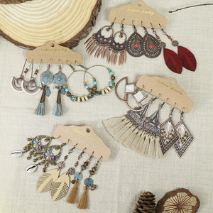 Bohemian Tassel <b>Drop</b> Earrings Set Alloy Antique <b>Bronze</b> Plated Women's Fashion Jewelry - Product Image 1