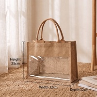 Sac à main en jute avec empiècements en PVC transparent, différentes tailles, pour emballage cadeau de vin, personnalisation en gros disponible