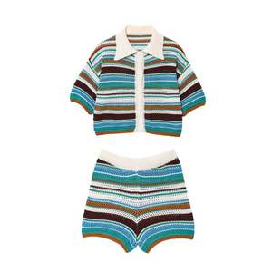 New Summer Casual Striped Pattern V-neck Single-breasted Woven Top and <b>Shorts</b> Set - Product Image 2