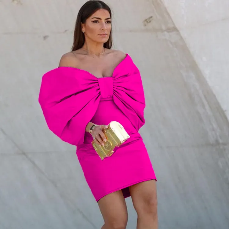 2022 New Fashion Summer Bodycon Rose Red Shoulder Bowtie Ruffles Elegant Women Club Midi Dress