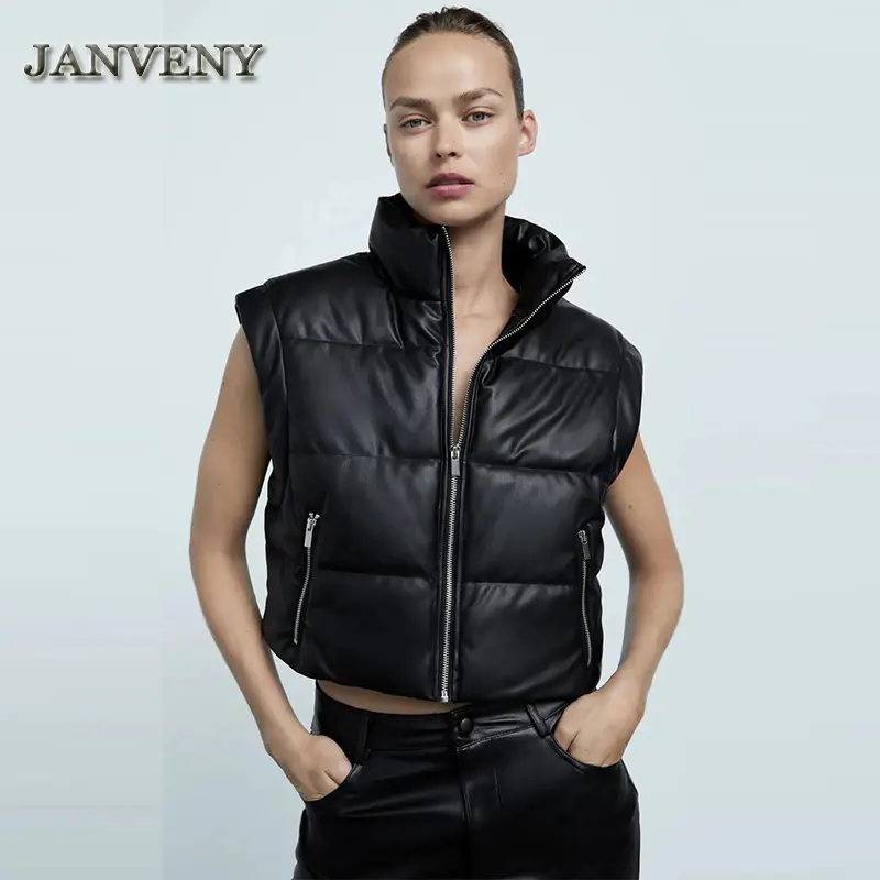 JANVENY New Fashion Kunstleder Gepolsterte Kurz weste Frauen Vintage High Neck Zip Up Casual Pu Baumwolle Ärmellose Gilets