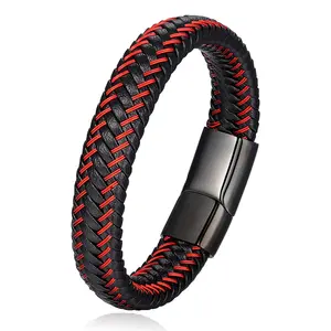 Classic Design Stainless Steel Clasp Red Black Handmade Woven Leather Bracelet Mens