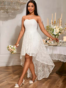 Robe de mariée moderne sans manches en dentelle, bustier, coupe trapèze asymétrique, élégante, avec traîne brosse, 100% polyester, pour demoiselle d'honneur - Product Image 2